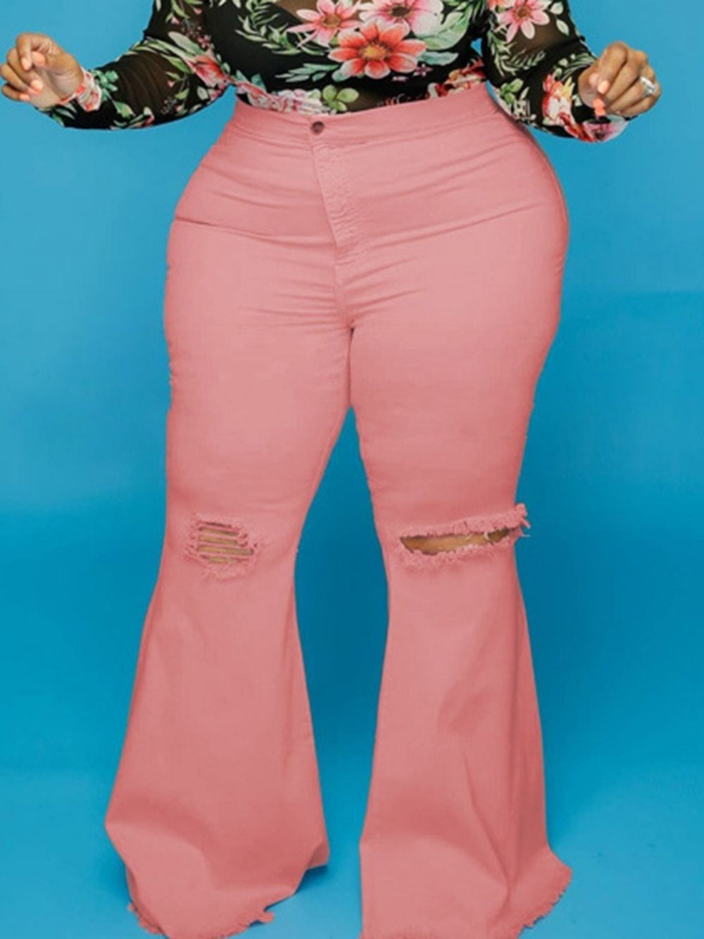 Jeans Bellbottoms Hole Lisa Cintura Média Com Zíper