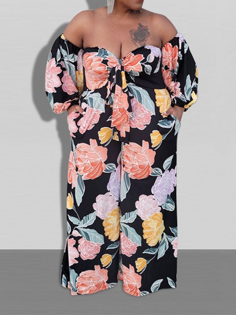 Macacão Feminino Casual Floral De Comprimento Total Plus Size