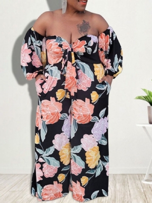 Macacão Feminino Casual Floral De Comprimento Total Plus Size