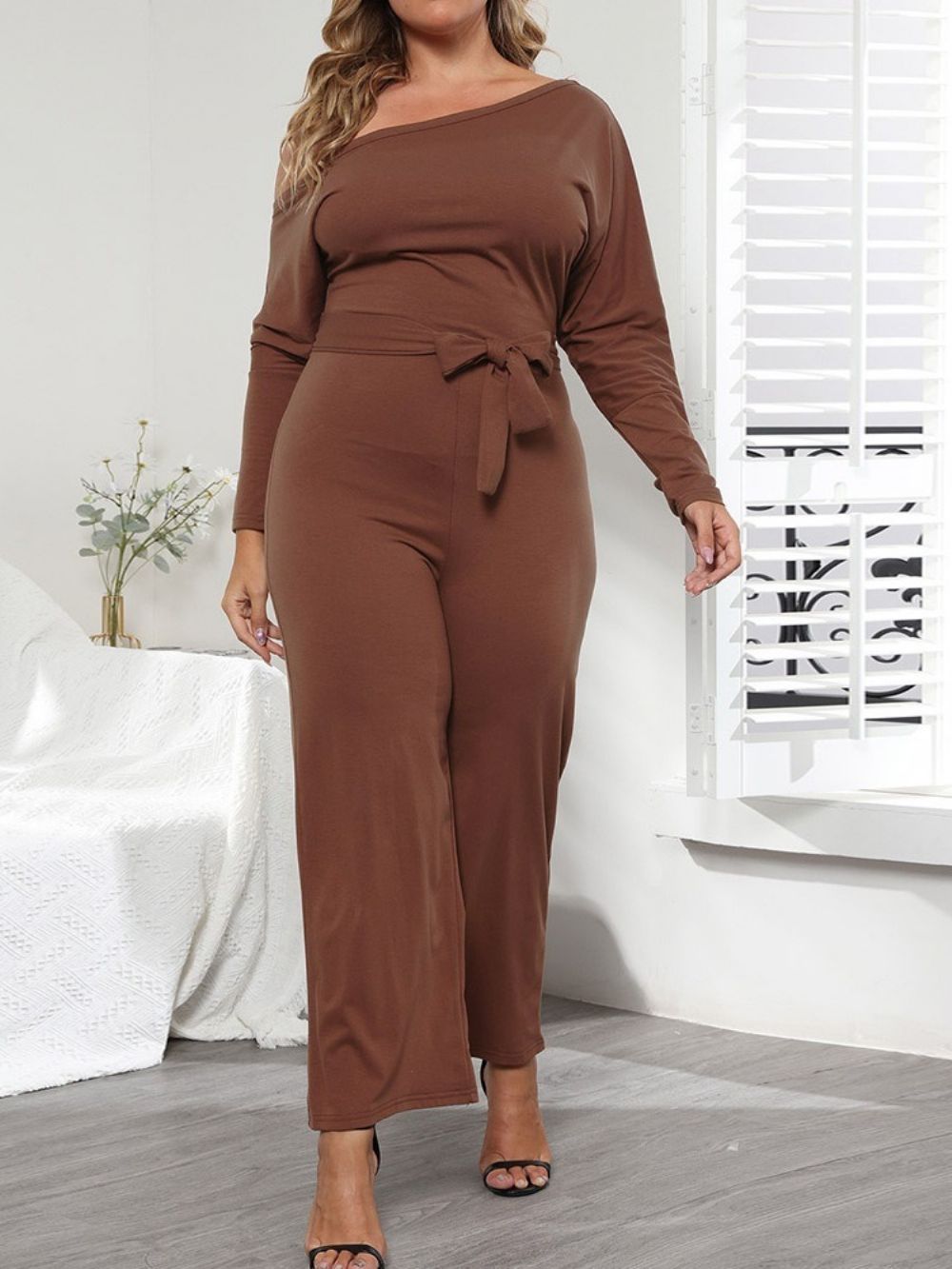 Macacão Liso Assimétrico Feminino De Comprimento Total Fino E Reto Plus Size