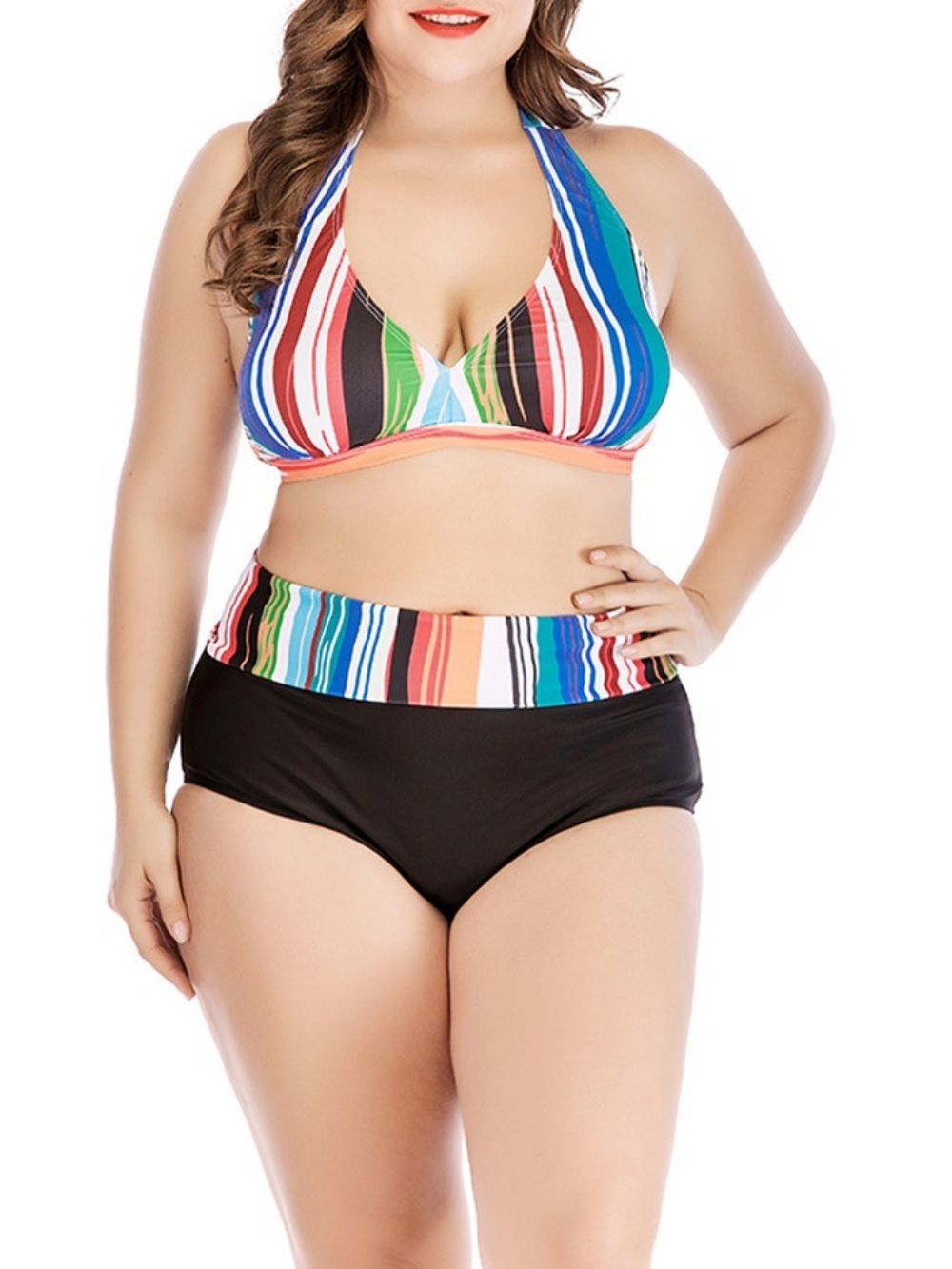 Maiô Sexy Plus Size Stripe Color Block