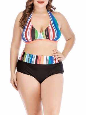 Maiô Sexy Plus Size Stripe Color Block