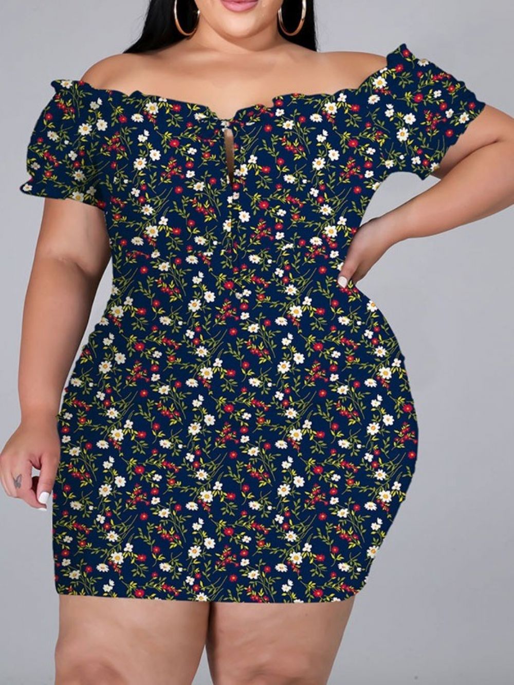 Manga Curta Acima Do Joelho Estampado Bodycon Pullover Floral Bodycon Vestido Plus Size