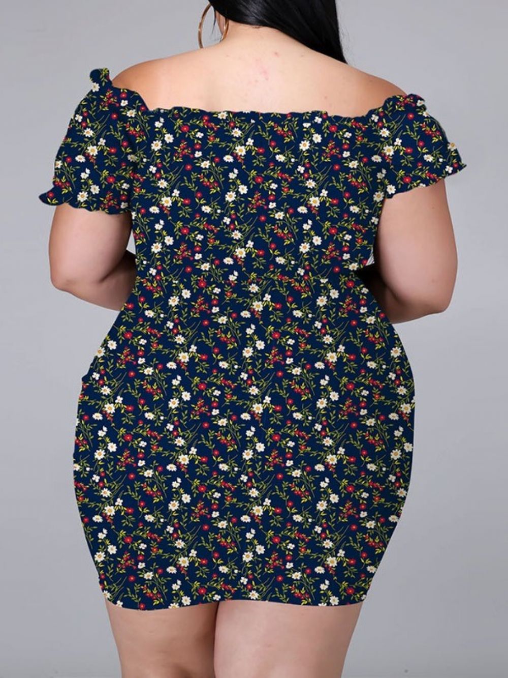 Manga Curta Acima Do Joelho Estampado Bodycon Pullover Floral Bodycon Vestido Plus Size