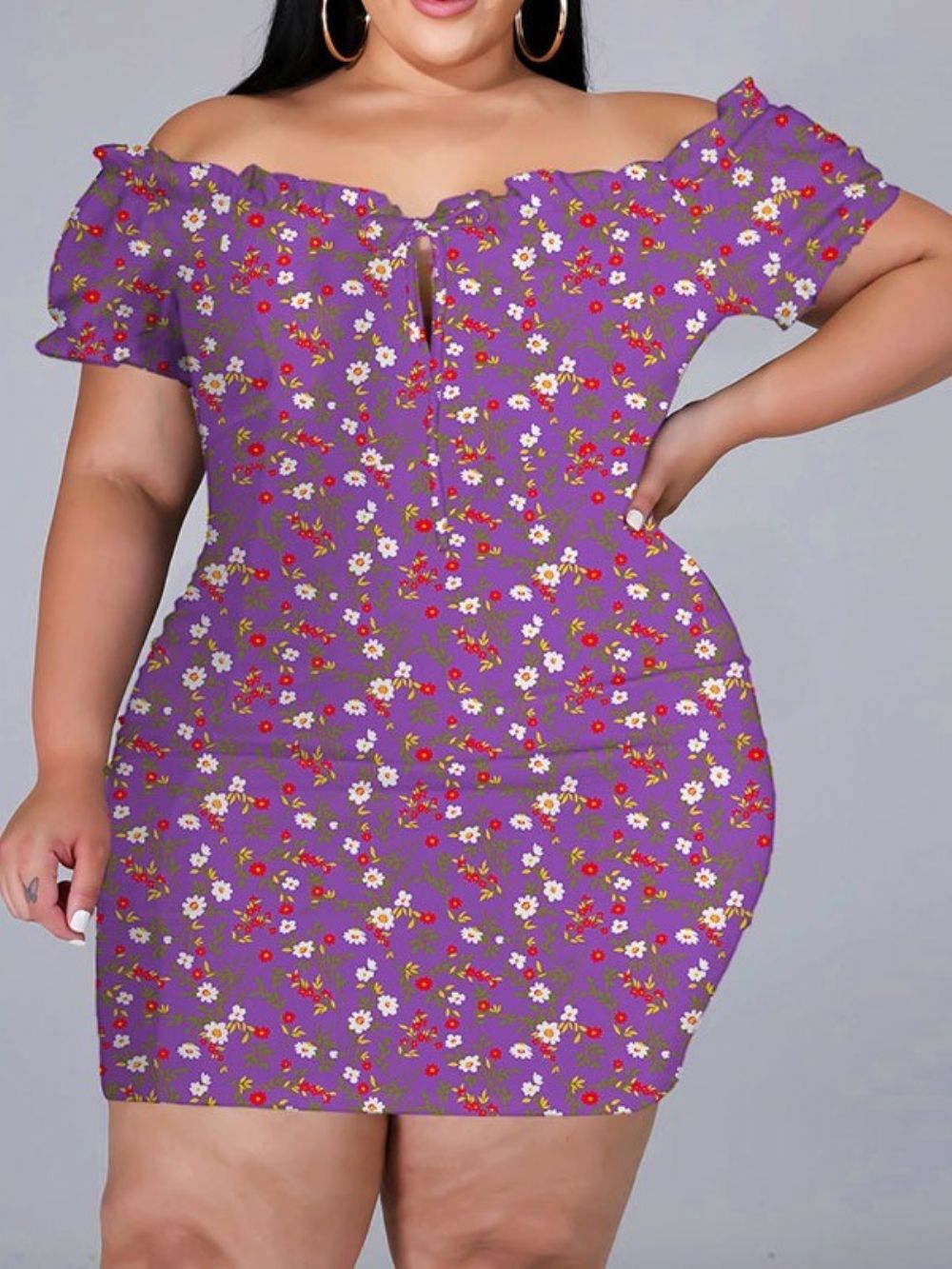 Manga Curta Acima Do Joelho Estampado Bodycon Pullover Floral Bodycon Vestido Plus Size