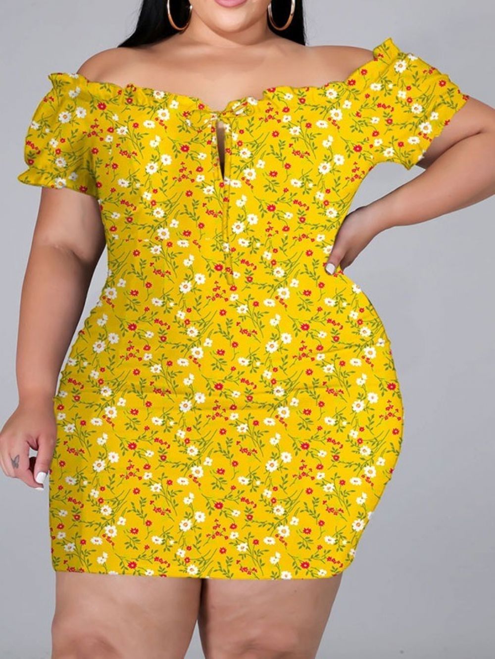 Manga Curta Acima Do Joelho Estampado Bodycon Pullover Floral Bodycon Vestido Plus Size