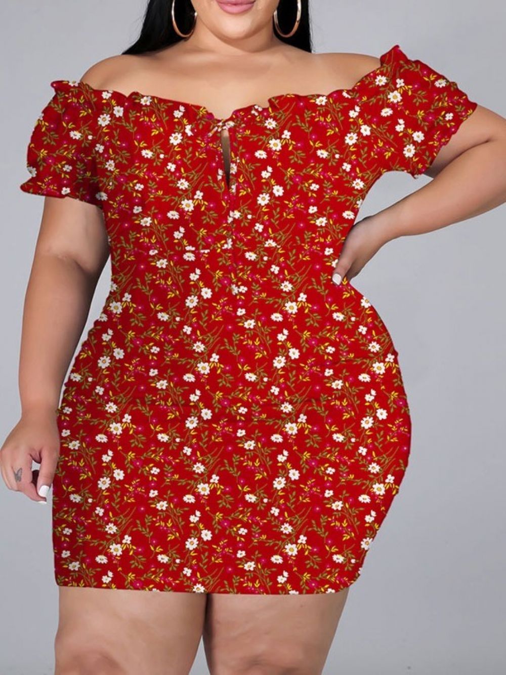 Manga Curta Acima Do Joelho Estampado Bodycon Pullover Floral Bodycon Vestido Plus Size