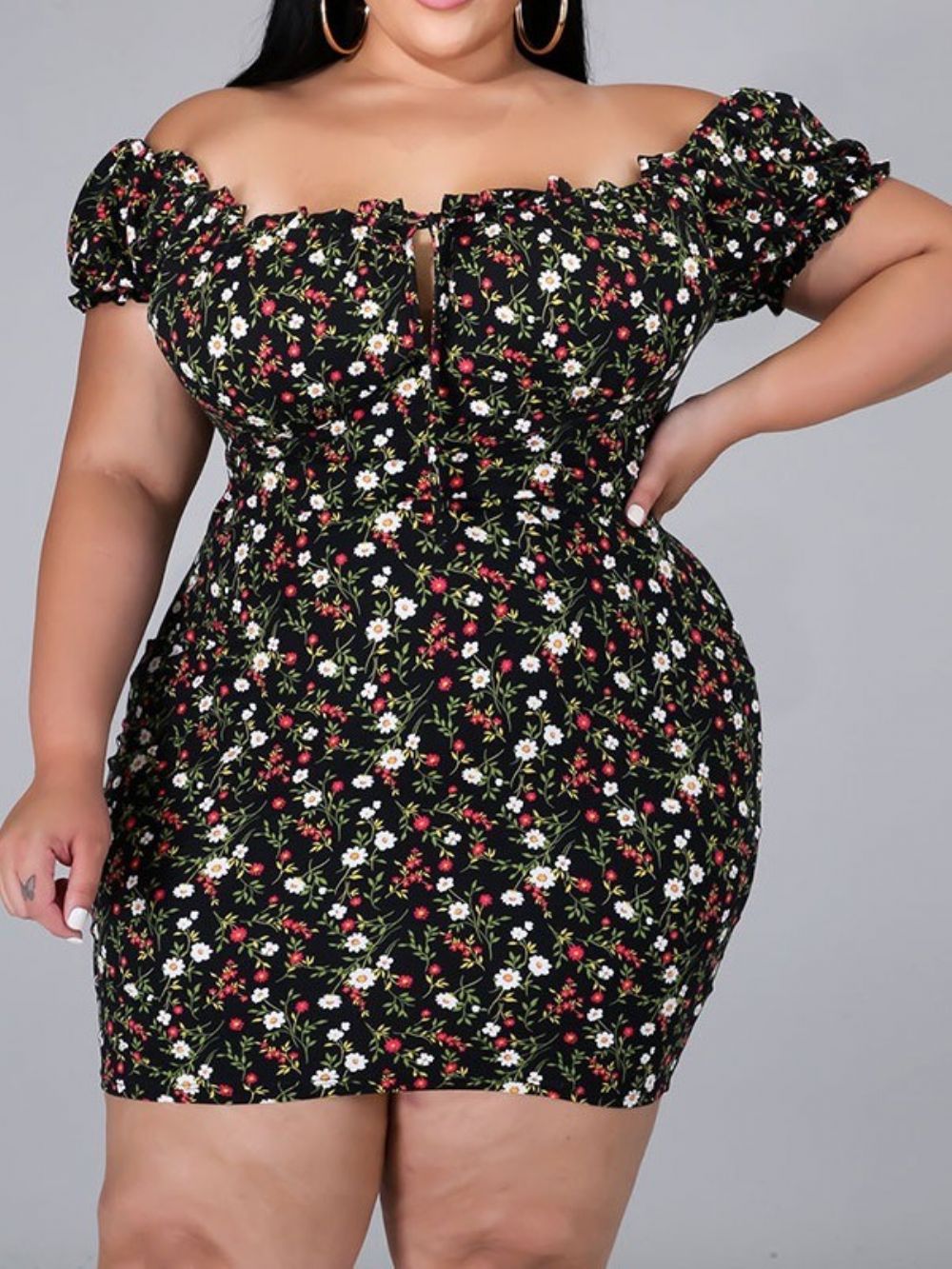 Manga Curta Acima Do Joelho Estampado Bodycon Pullover Floral Bodycon Vestido Plus Size