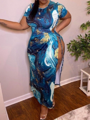 Pulôver Bodycon Manga Curta Gola Redonda Com Comprimento Até O Tornozelo Bodycon Vestido Plus Size