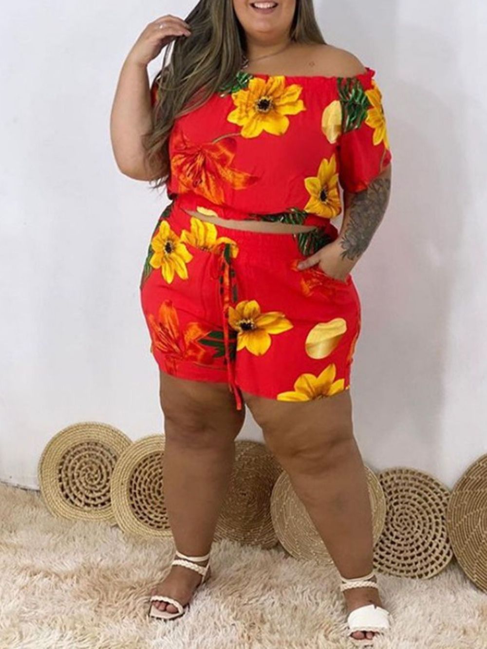 Pulôver Feminino Com Cadarço Casual Floral Ombro A Ombro Conjunto Curto Plus Size