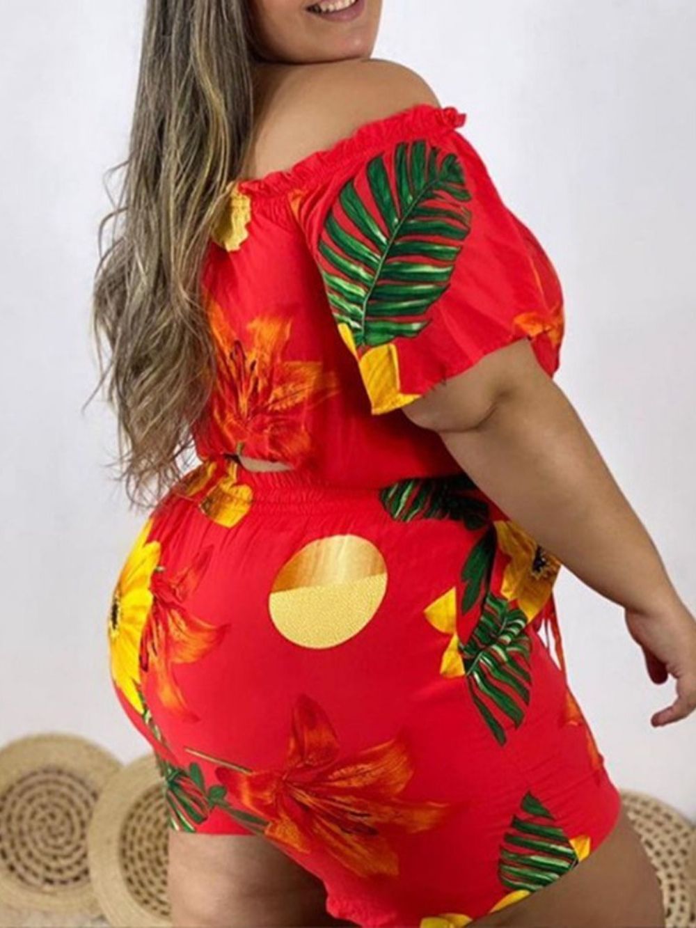 Pulôver Feminino Com Cadarço Casual Floral Ombro A Ombro Conjunto Curto Plus Size