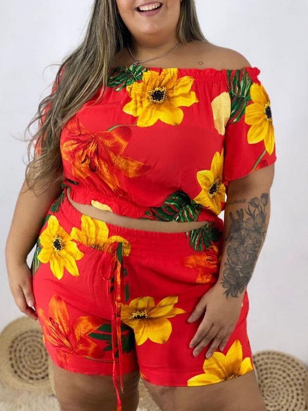 Pulôver Feminino Com Cadarço Casual Floral Ombro A Ombro Conjunto Curto Plus Size