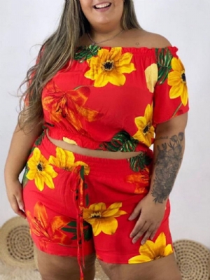 Pulôver Feminino Com Cadarço Casual Floral Ombro A Ombro Conjunto Curto Plus Size