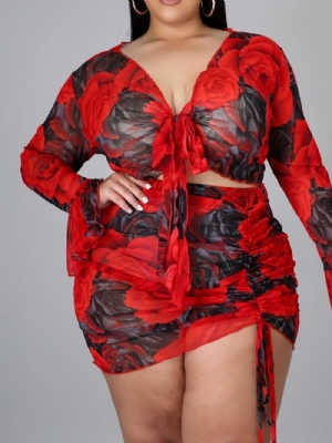 Saia Floral Sexy Bodycon Conjunto De Duas Peças Conjunto De Saia Feminina Plus Size