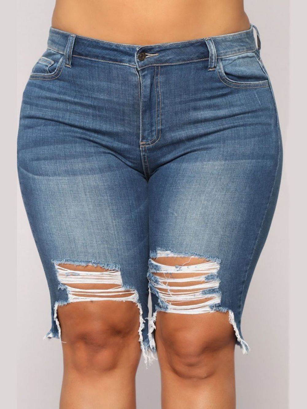 Shorts Skinny Rasgados Com Zíper Liso Plus Size