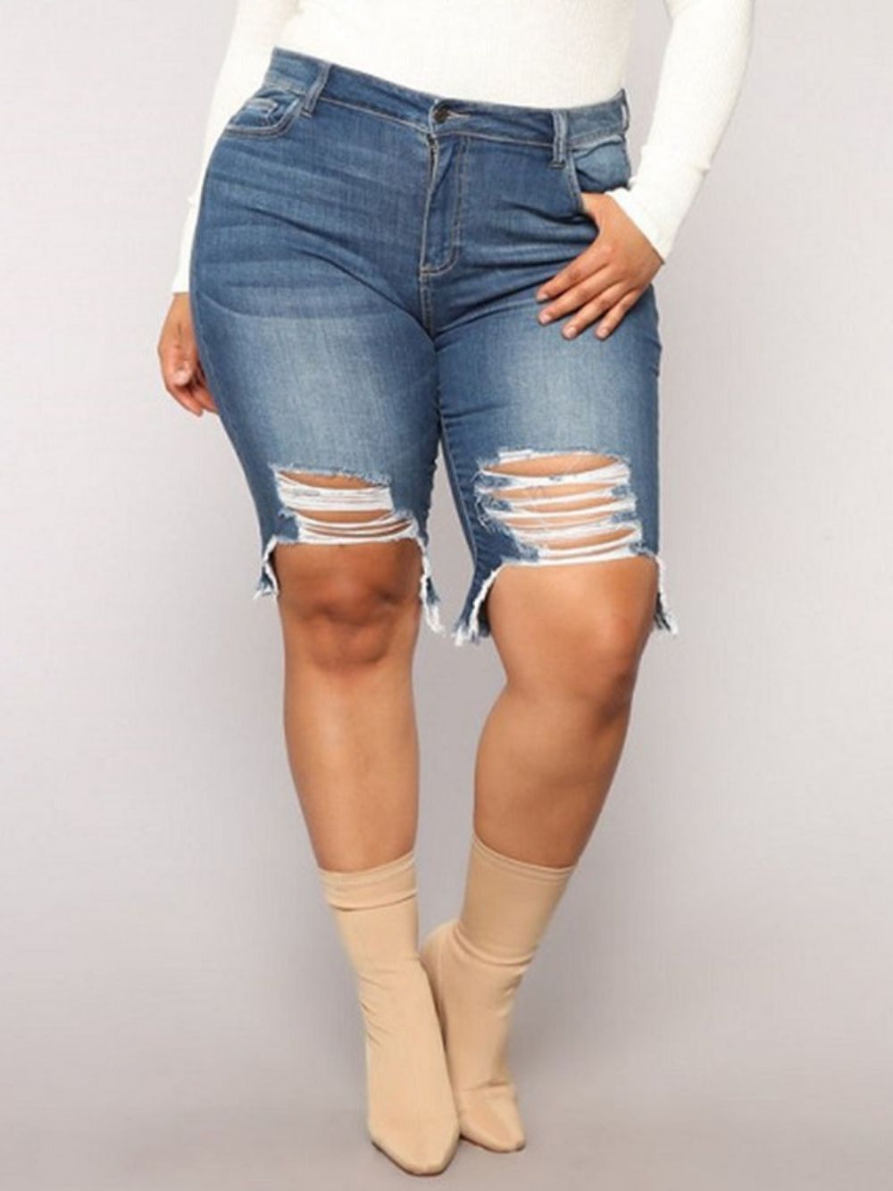 Shorts Skinny Rasgados Com Zíper Liso Plus Size