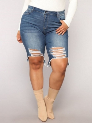 Shorts Skinny Rasgados Com Zíper Liso Plus Size