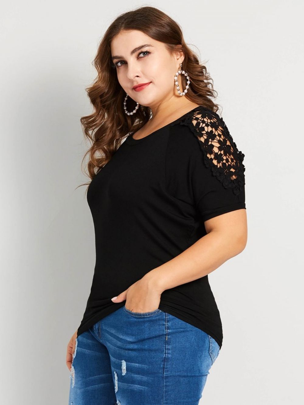 T-Shirt Solta De Renda Patchwork Plus Size