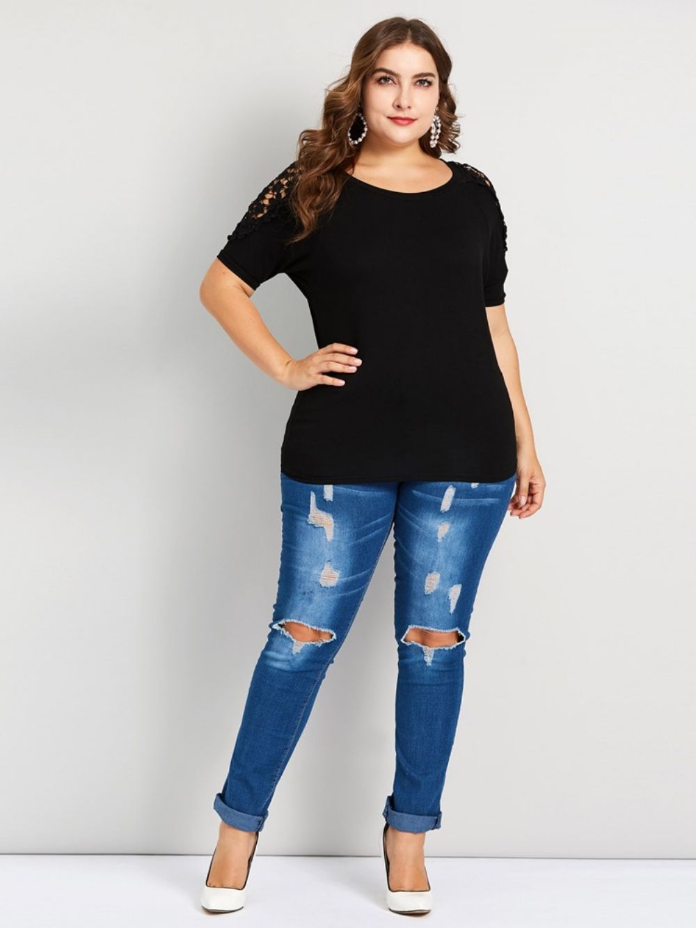 T-Shirt Solta De Renda Patchwork Plus Size