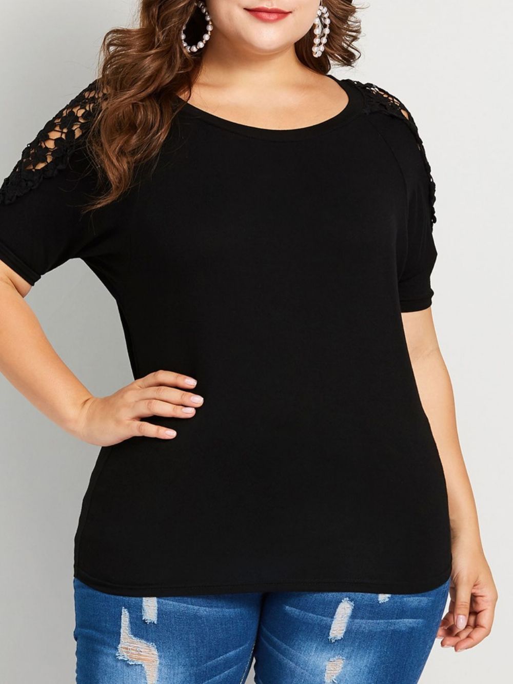 T-Shirt Solta De Renda Patchwork Plus Size