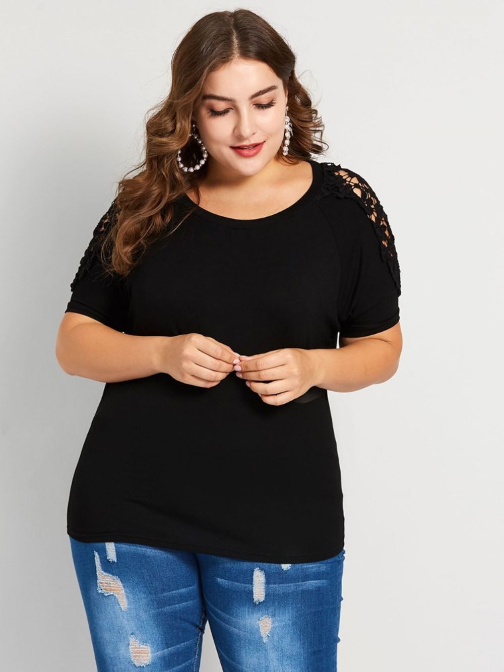 T-Shirt Solta De Renda Patchwork Plus Size