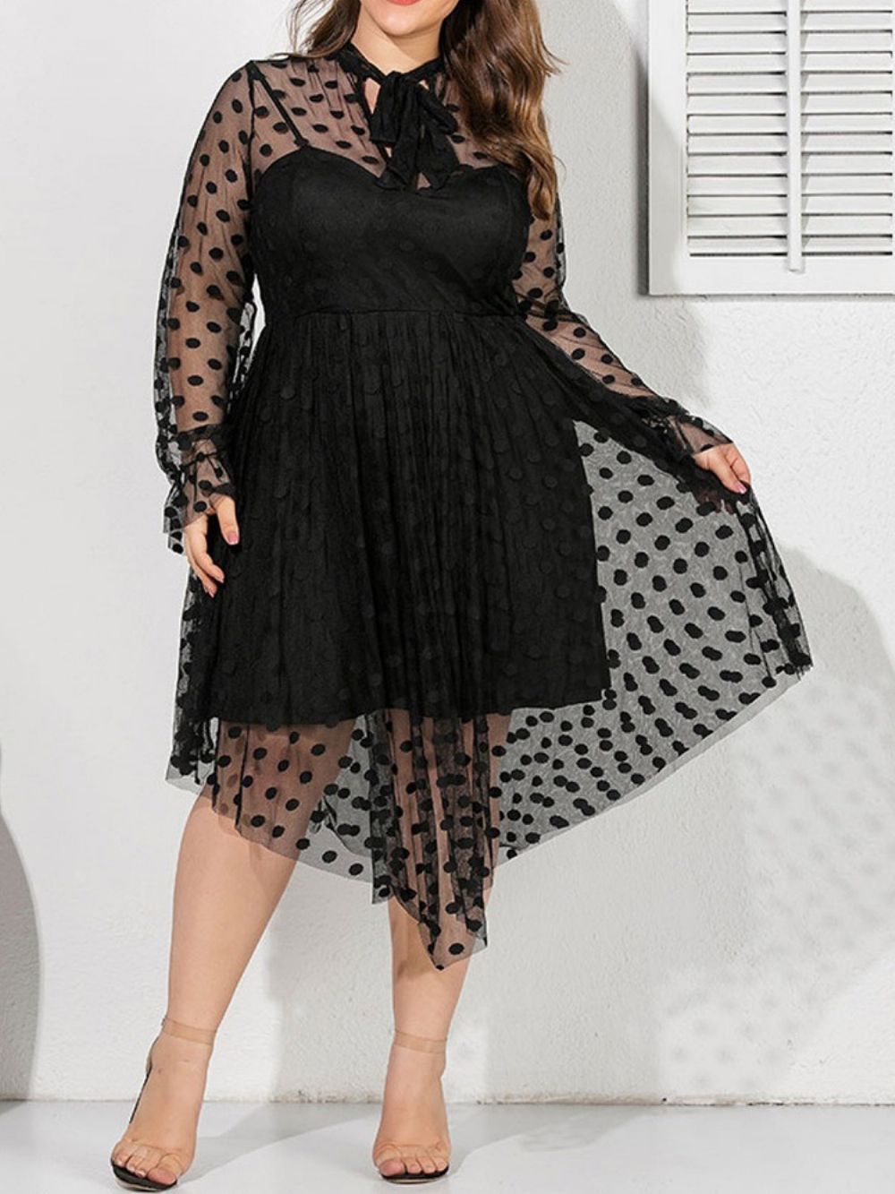 Vestido Assimétrico De Verão De Manga Comprida Transparente Até O Meio Da Panturrilha Plus Size