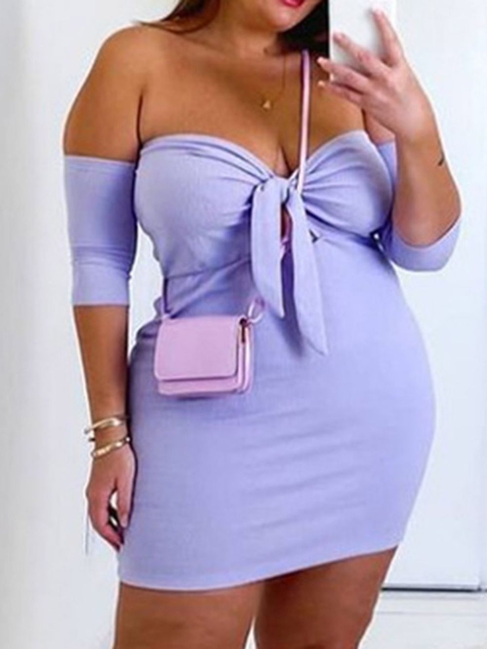 Vestido Bodycon Moda Acima Do Joelho Manga Três Quartos Simples Plus Size