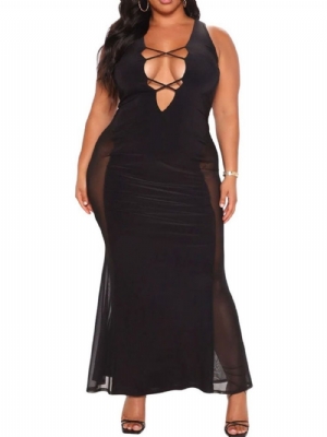 Vestido Bodycon Preto Longo Manga Patchwork Plus Size