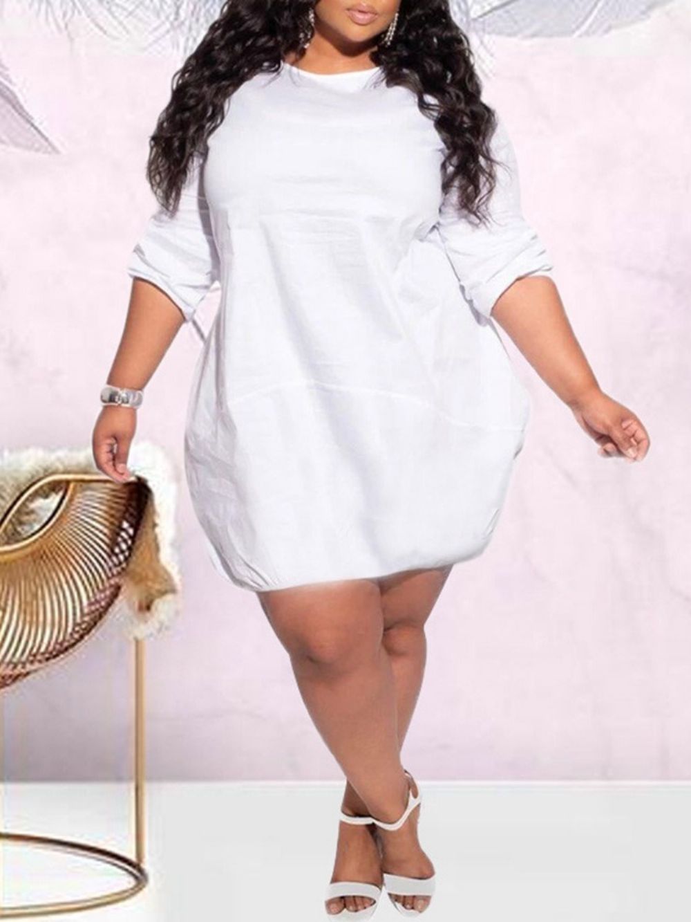 Vestido Casual Liso Manga Longa Acima Do Joelho Decote Redondo E Manga Longa Plus Size