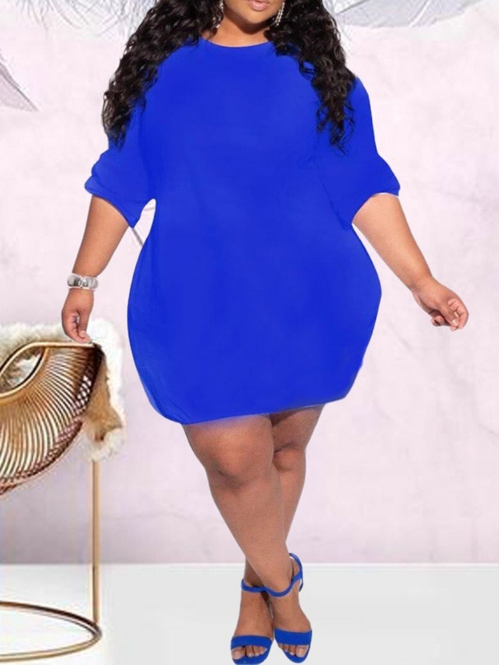 Vestido Casual Liso Manga Longa Acima Do Joelho Decote Redondo E Manga Longa Plus Size