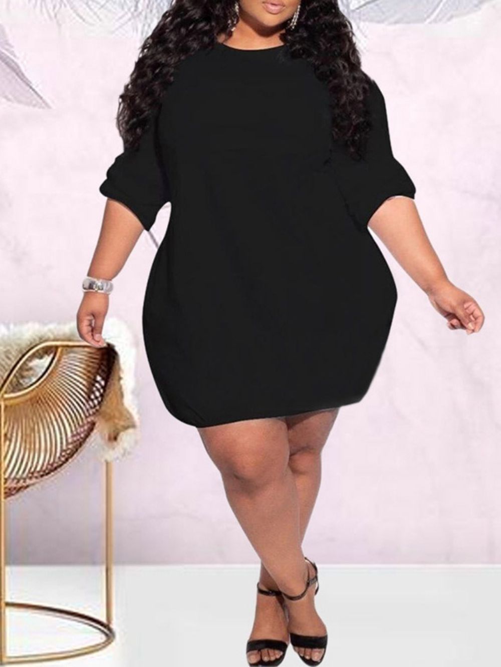 Vestido Casual Liso Manga Longa Acima Do Joelho Decote Redondo E Manga Longa Plus Size