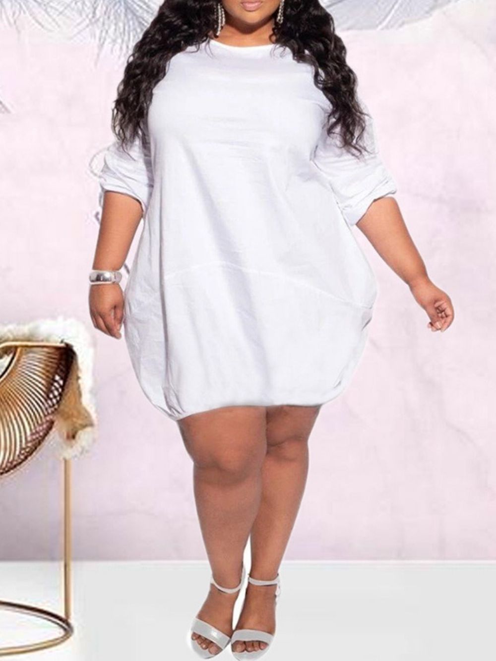 Vestido Casual Liso Manga Longa Acima Do Joelho Decote Redondo E Manga Longa Plus Size