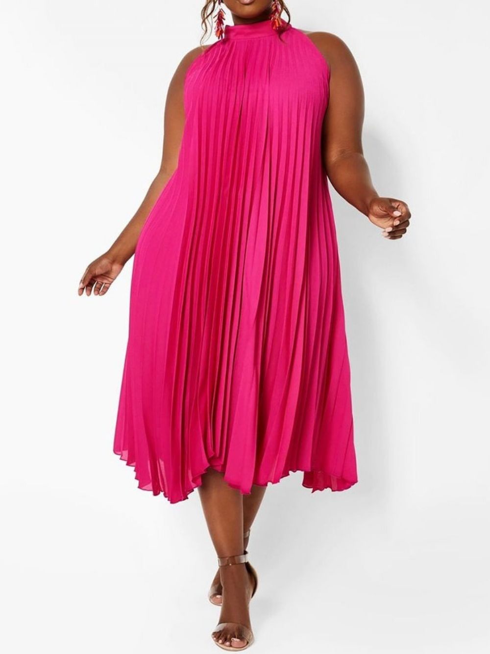 Vestido Casual Liso Plissado Com Gola Plus Size