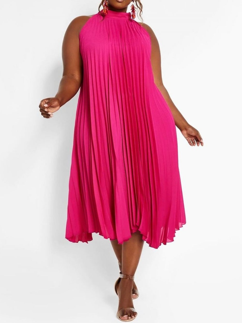 Vestido Casual Liso Plissado Com Gola Plus Size