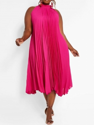 Vestido Casual Liso Plissado Com Gola Plus Size