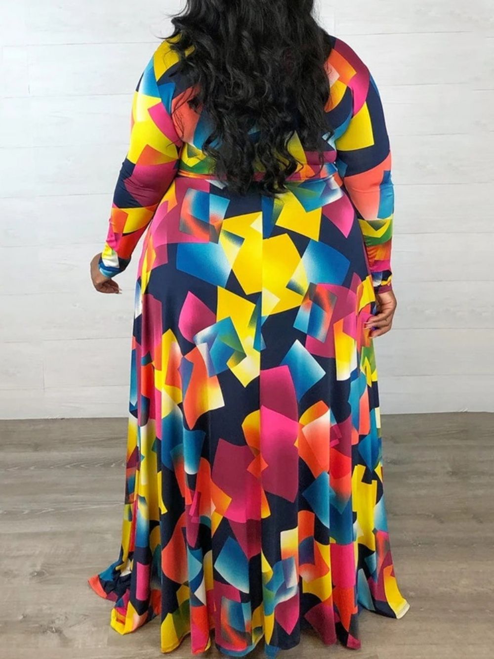 Vestido Casual Plus Size Manga Longa Com Decote Em V E Cintura Alta