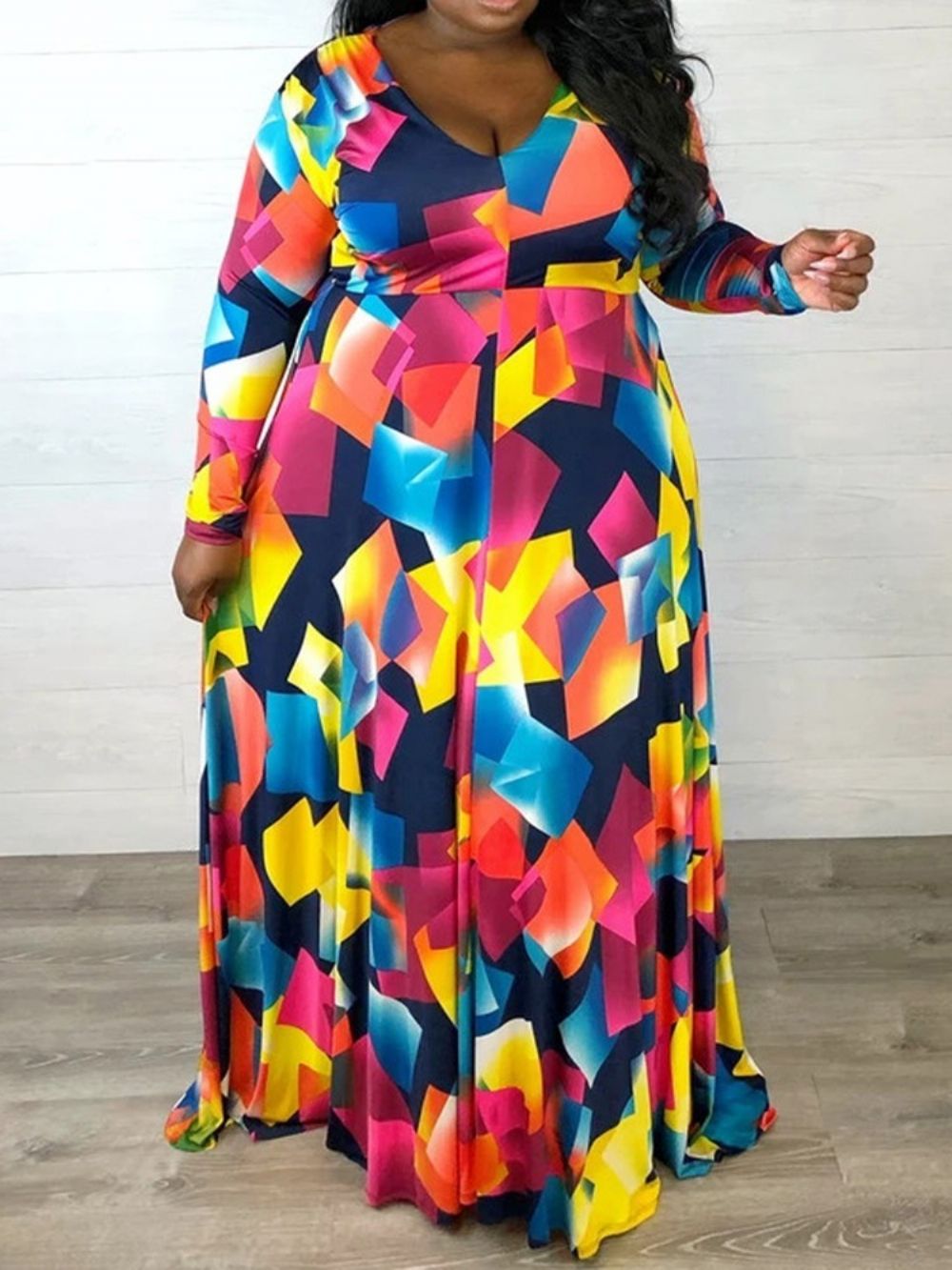 Vestido Casual Plus Size Manga Longa Com Decote Em V E Cintura Alta