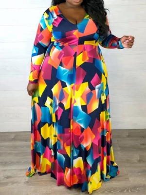 Vestido Casual Plus Size Manga Longa Com Decote Em V E Cintura Alta