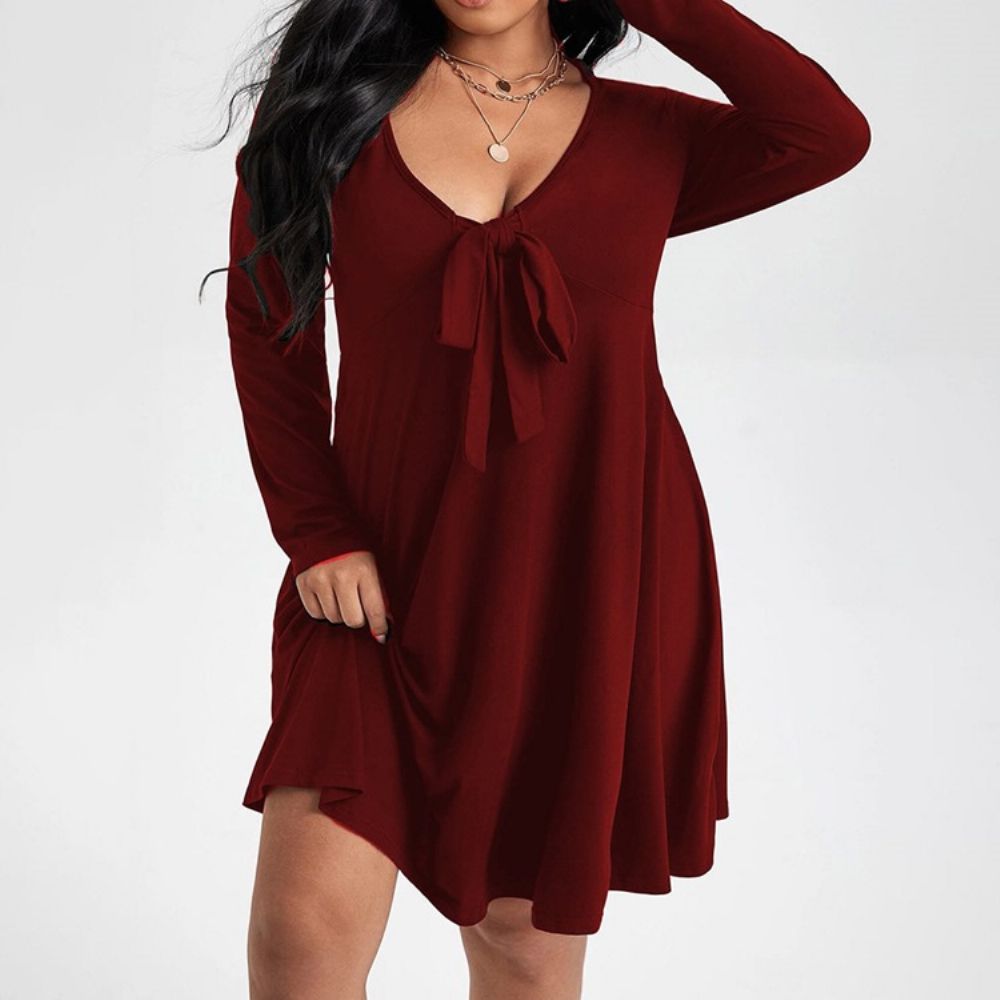 Vestido Casual Regular Manga Longa Com Laço E Laço Até O Joelho