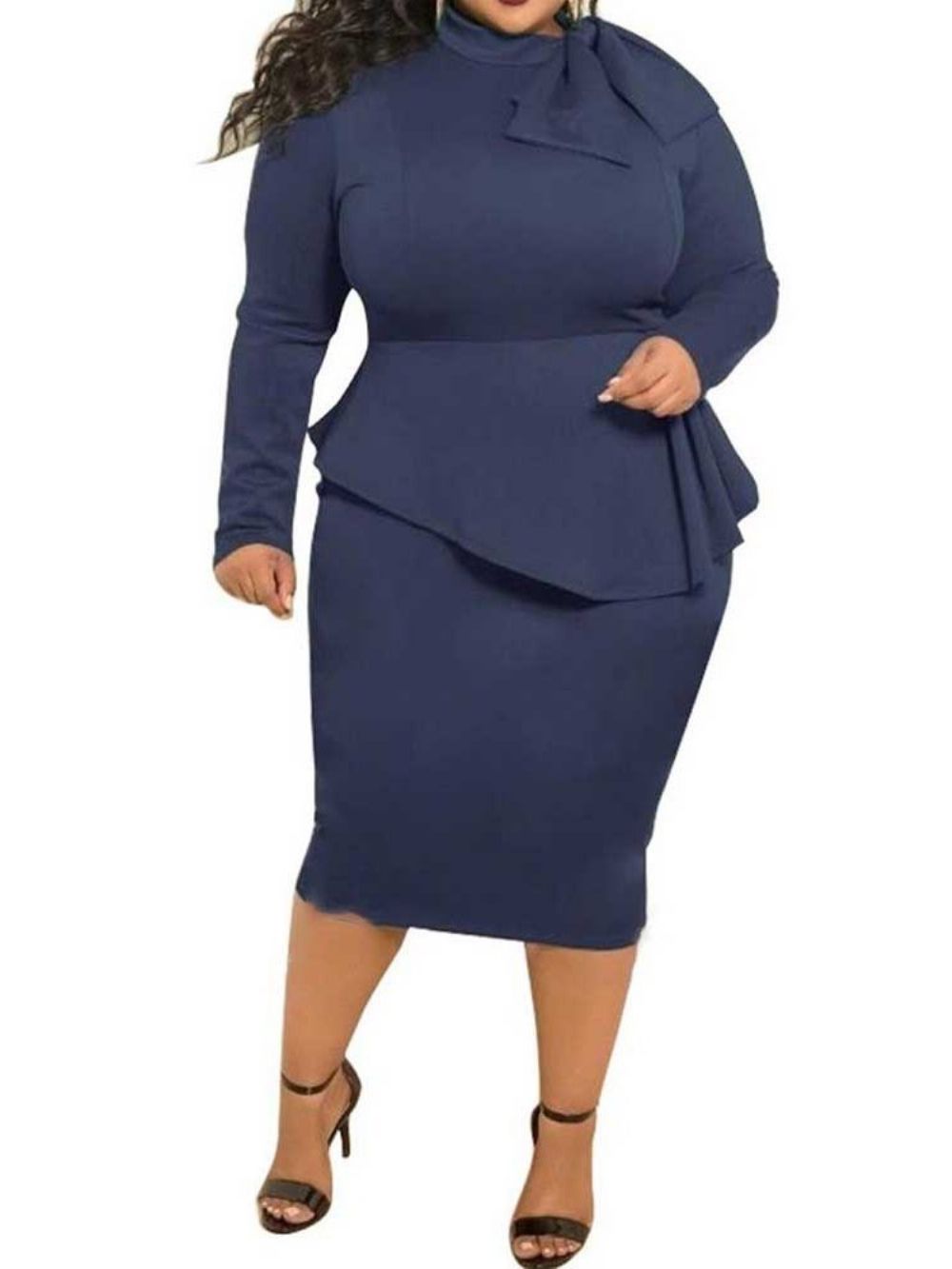 Vestido De Cintura Alta Com Gola Média De Bezerro Plus Size Manga Longa Bodycon