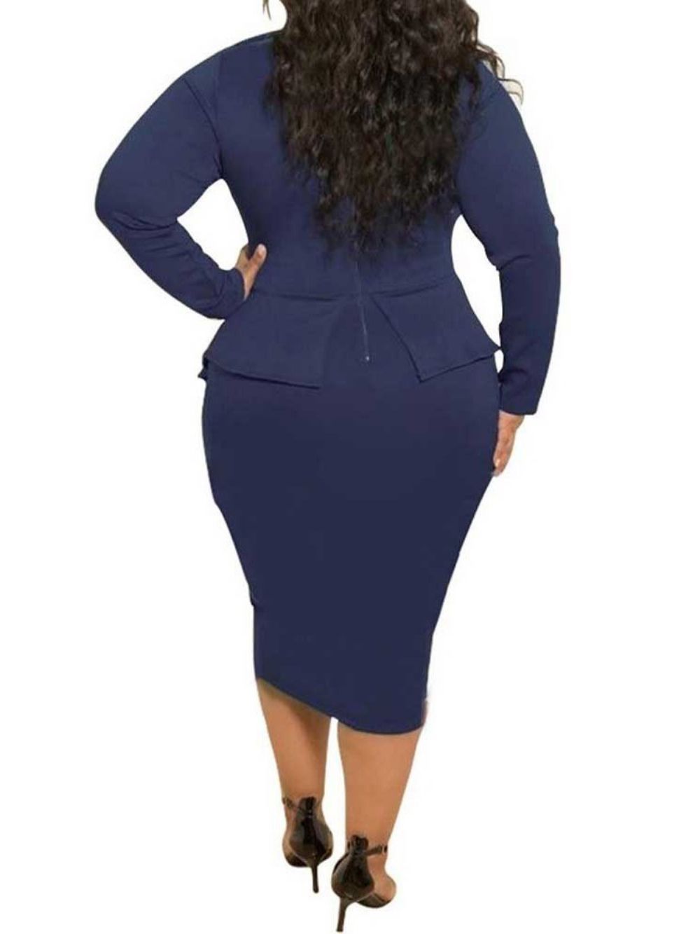 Vestido De Cintura Alta Com Gola Média De Bezerro Plus Size Manga Longa Bodycon