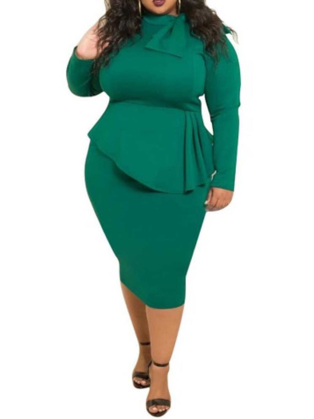 Vestido De Cintura Alta Com Gola Média De Bezerro Plus Size Manga Longa Bodycon