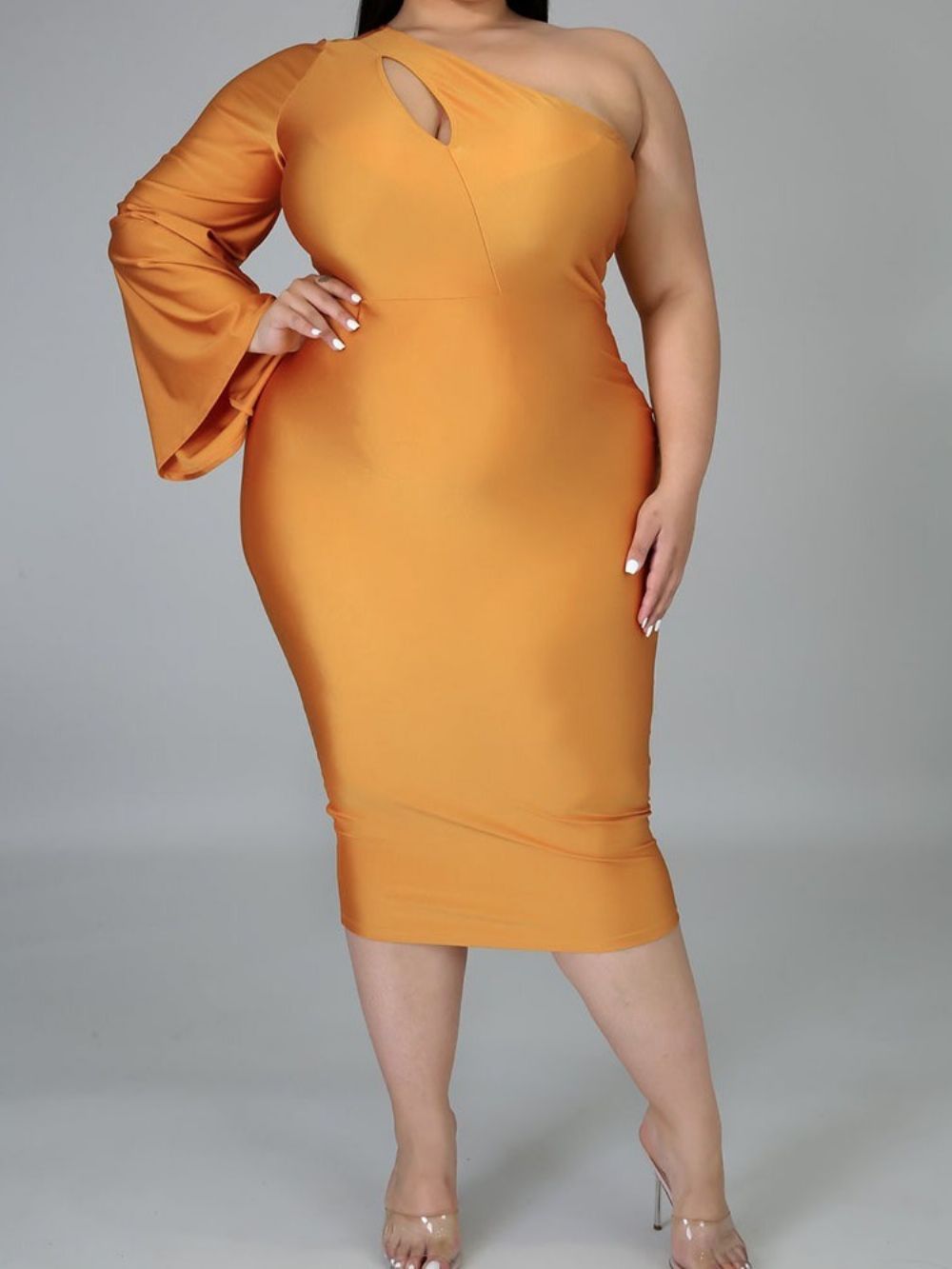 Vestido De Cintura Alta Sexy Plus Size Meia Panturrilha Manga Longa Oca