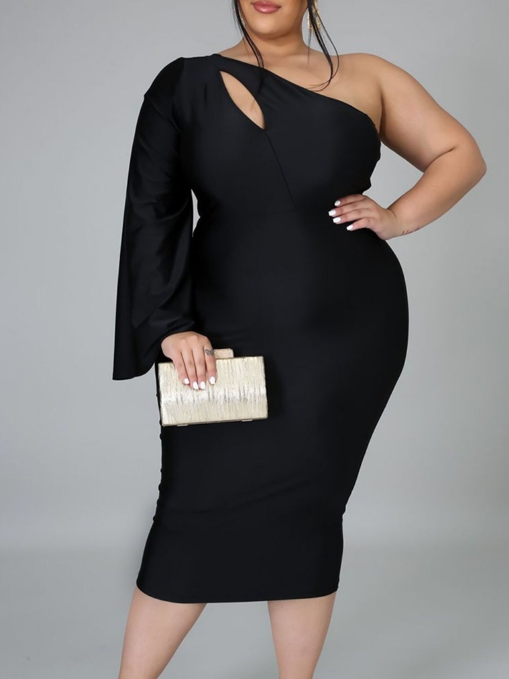 Vestido De Cintura Alta Sexy Plus Size Meia Panturrilha Manga Longa Oca