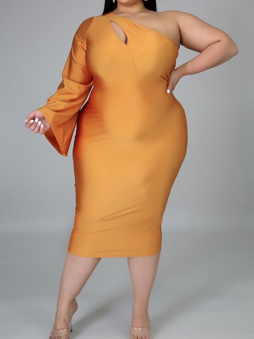 Vestido De Cintura Alta Sexy Plus Size Meia Panturrilha Manga Longa Oca