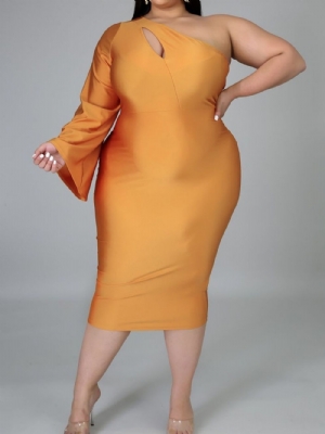 Vestido De Cintura Alta Sexy Plus Size Meia Panturrilha Manga Longa Oca