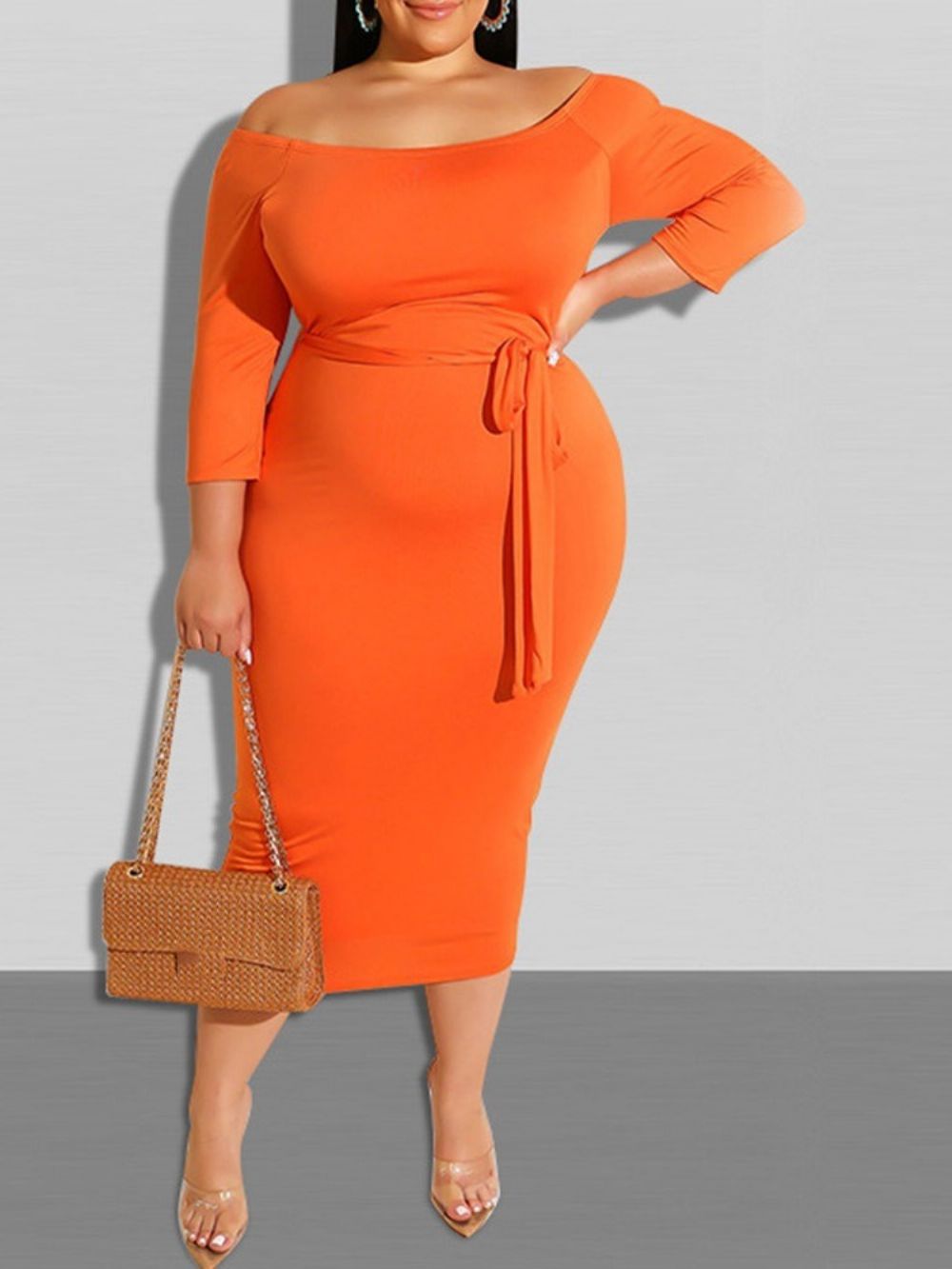 Vestido Com Cadarço Manga Nove Pontos Mid-Callf Regular Bodycon Plus Size