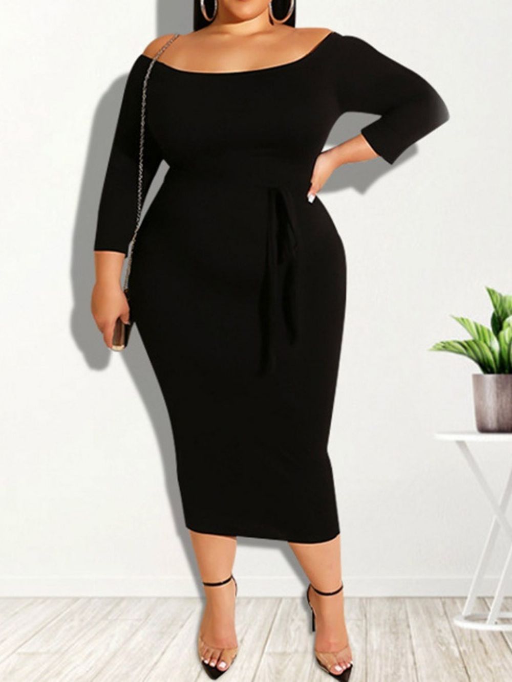 Vestido Com Cadarço Manga Nove Pontos Mid-Callf Regular Bodycon Plus Size