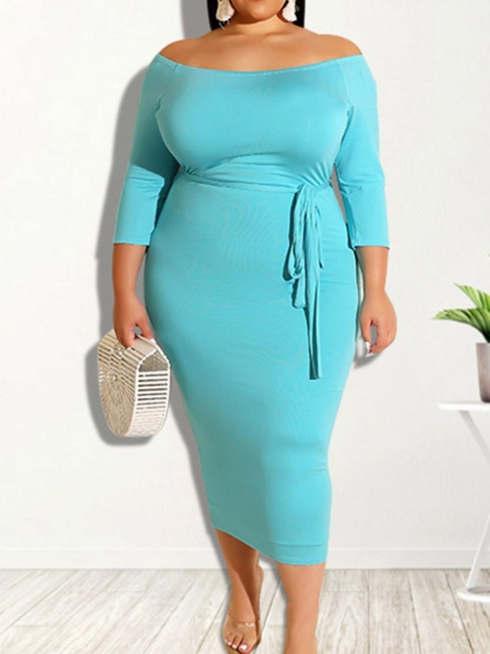 Vestido Com Cadarço Manga Nove Pontos Mid-Callf Regular Bodycon Plus Size