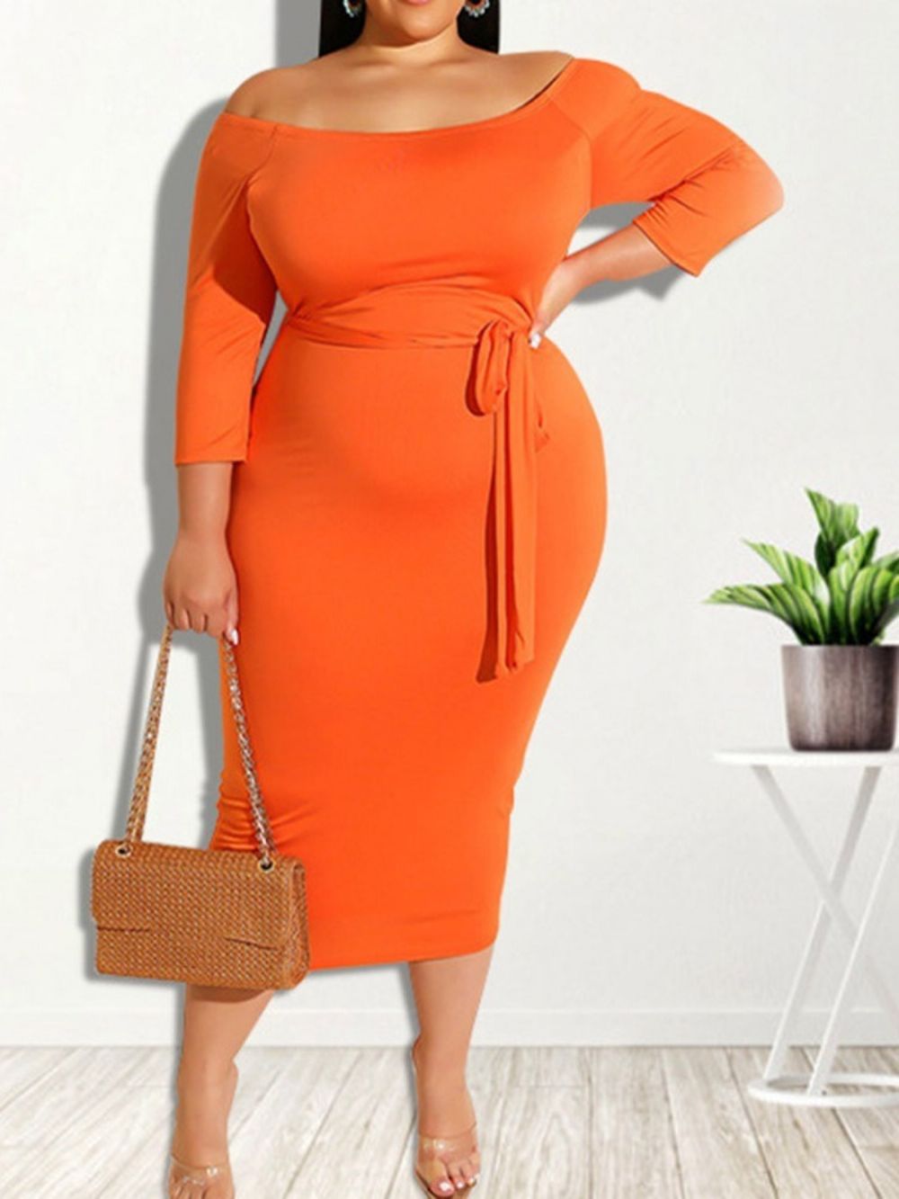 Vestido Com Cadarço Manga Nove Pontos Mid-Callf Regular Bodycon Plus Size